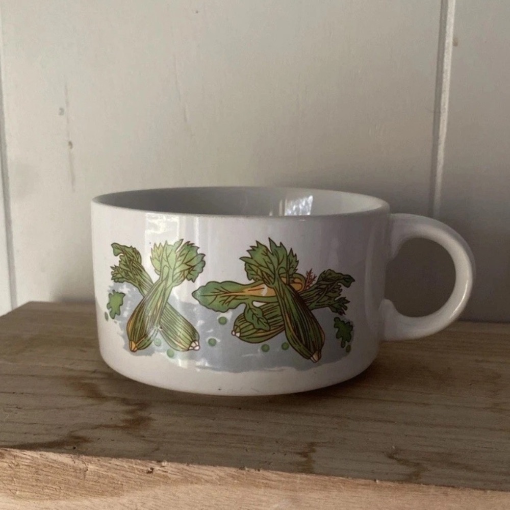 White Mug with Green Vegetable Design
